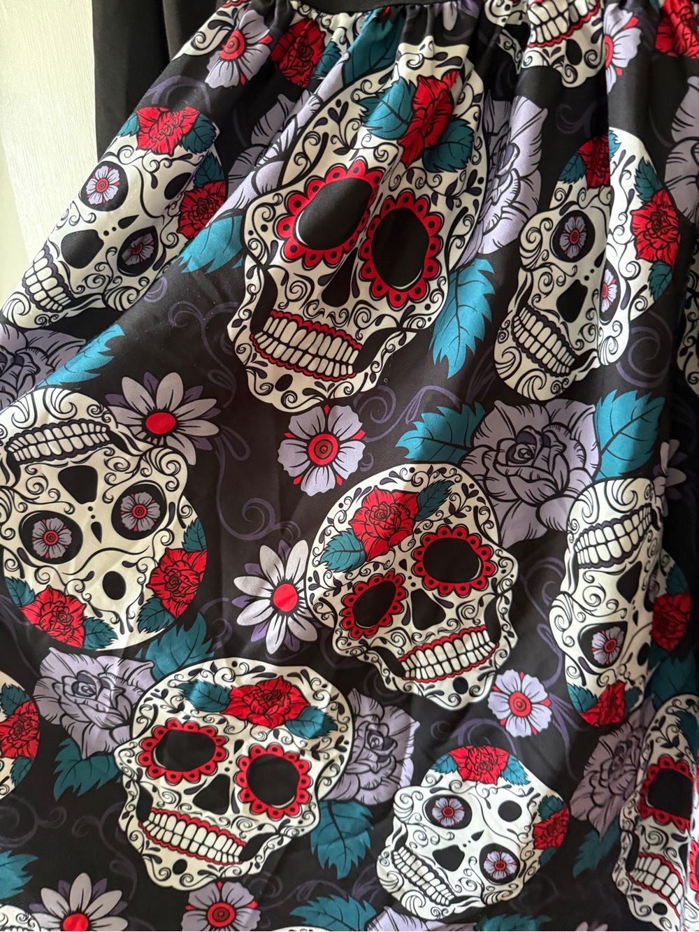 Black Long-Sleeve Dress with Colorful Sugar Skull Skirt size 2XL - Picture 3 of 9